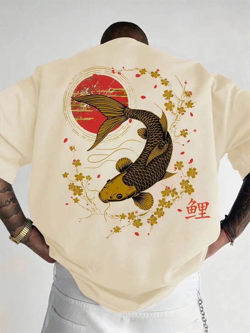 Men's Casual Koi & Cherry Blossom T-Shirt – Loose Fit Summer Top with Glossy Finish - Solorfit