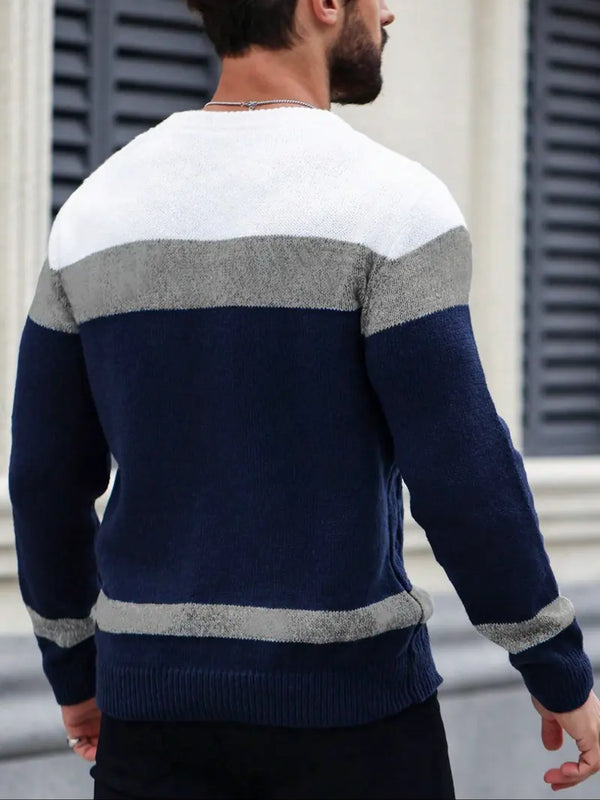 Men’s Casual Crew Neck Sweater Long Sleeve Striped Pullover