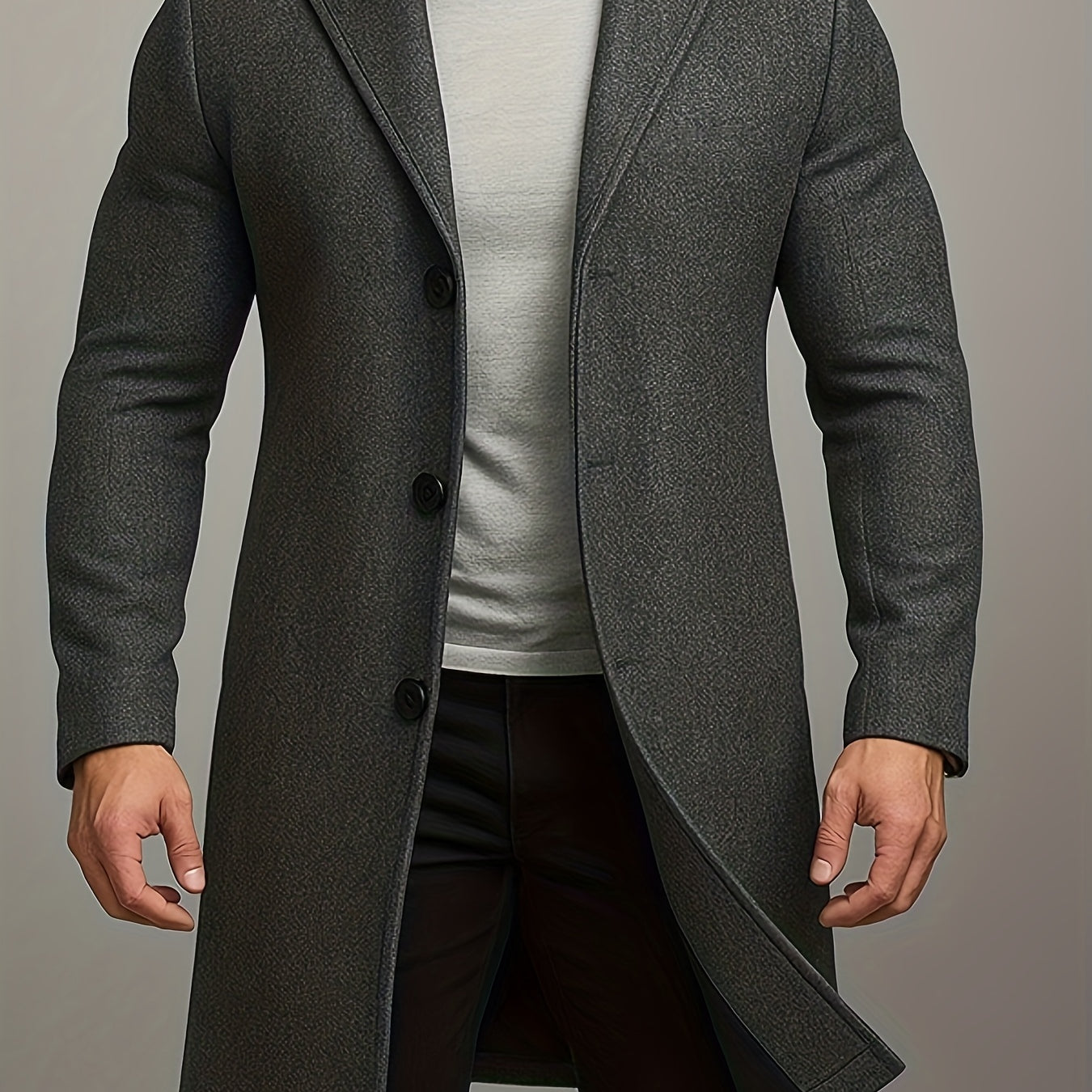 Men's Mid-Length Single-Breasted Tweed Overcoat Solid Color Trench Coat