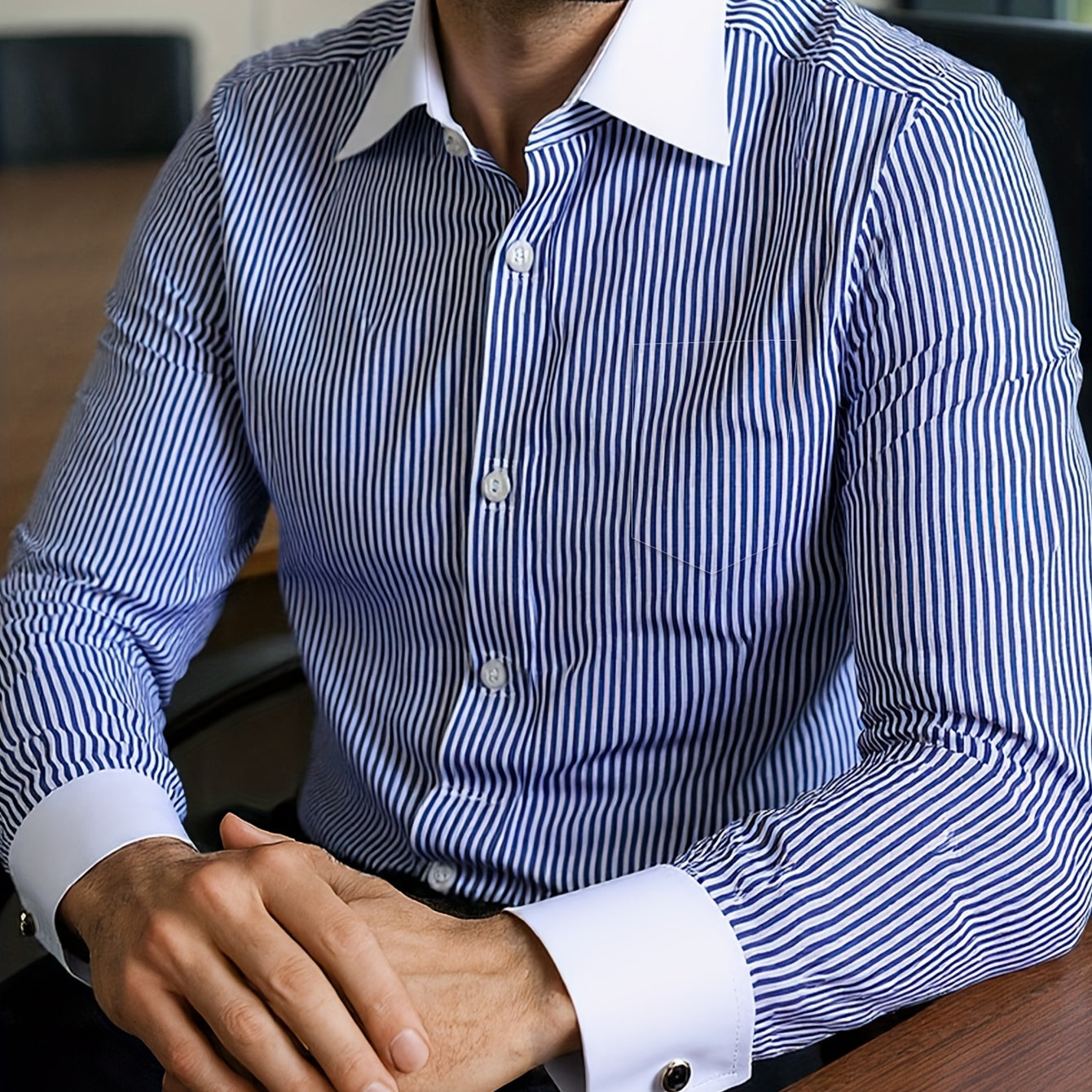 Men’s French Cuff Dress Striped Shirt Blouse | Double Cuff Formal Business Shirt