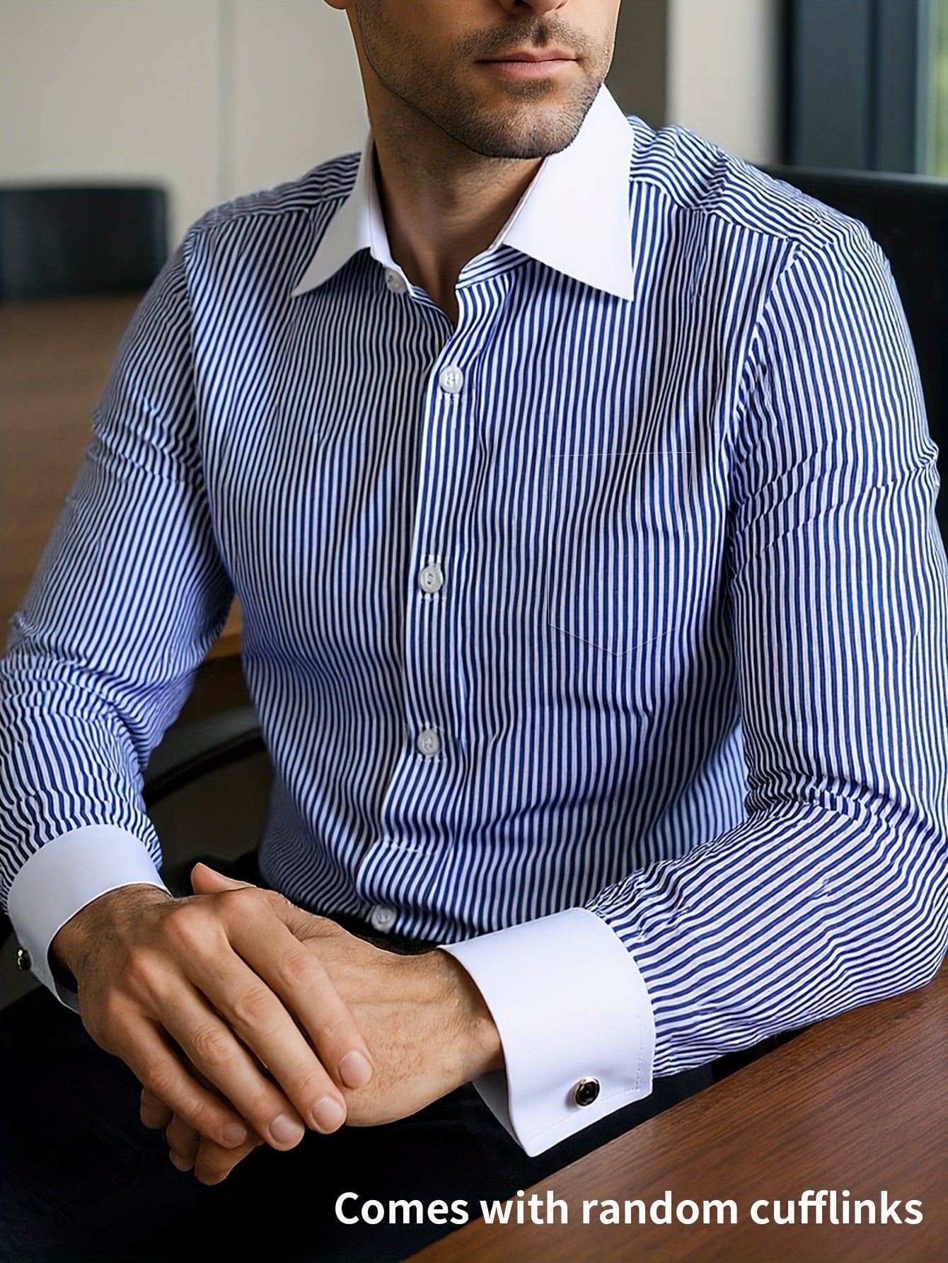 Men’s French Cuff Dress Striped Shirt Blouse | Double Cuff Formal Business Shirt