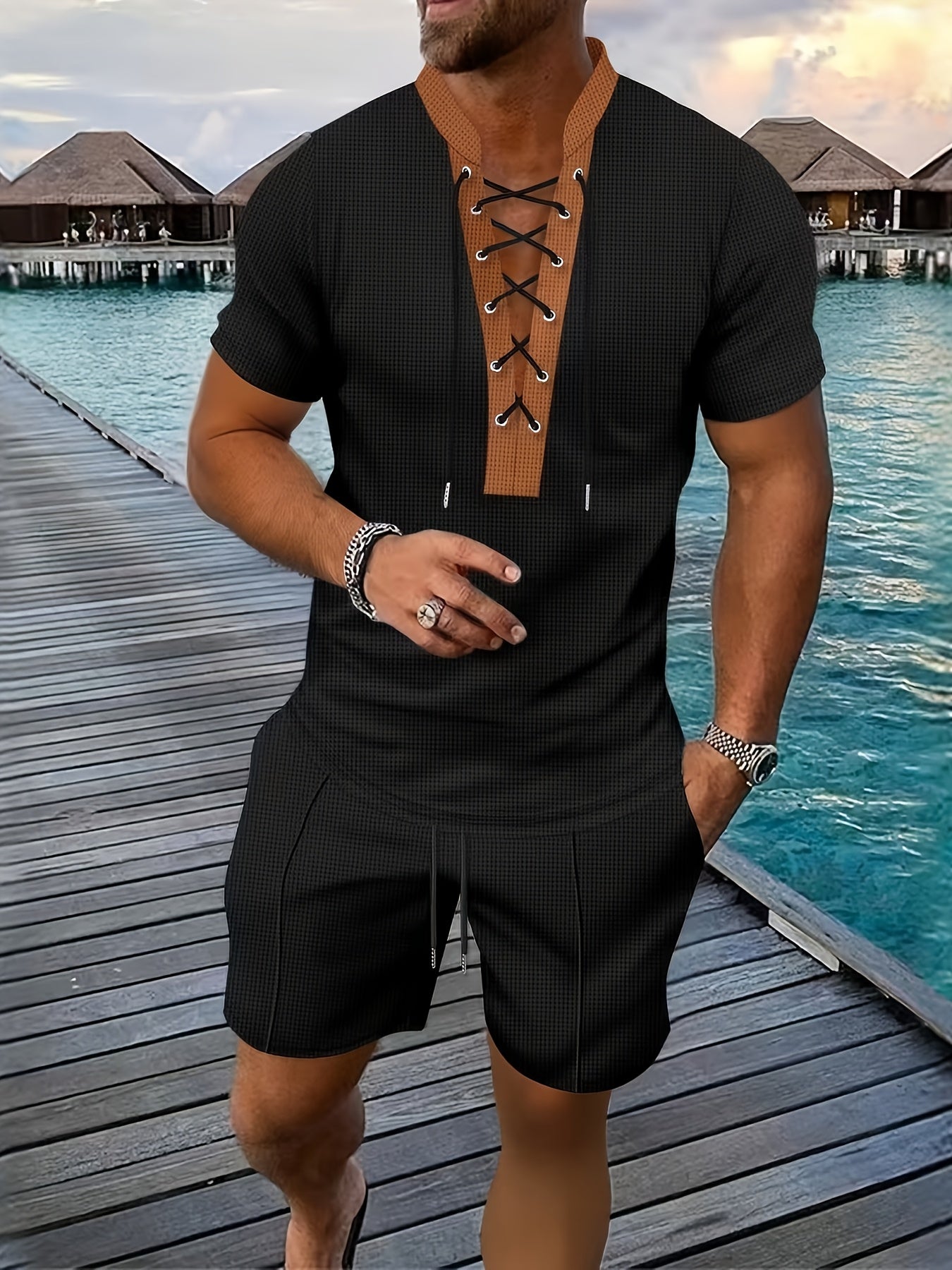 Men’s Lace Up V Neck Shirt and Shorts Set Casual Summer Outfit