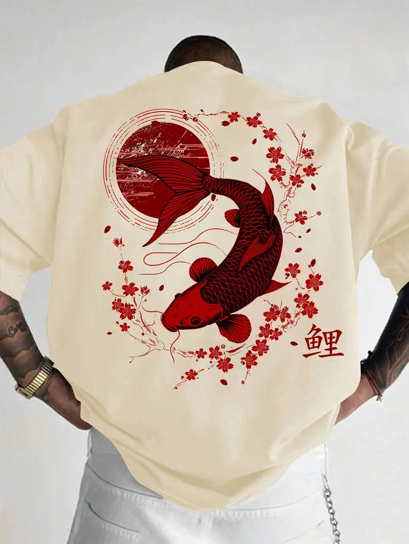 Men's Casual Koi & Cherry Blossom T-Shirt – Loose Fit Summer Top with Glossy Finish - Solorfit