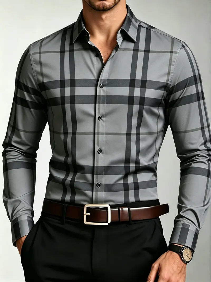 Men’s Casual Button Up Shirt Long Sleeve Checked Pattern Dress Top