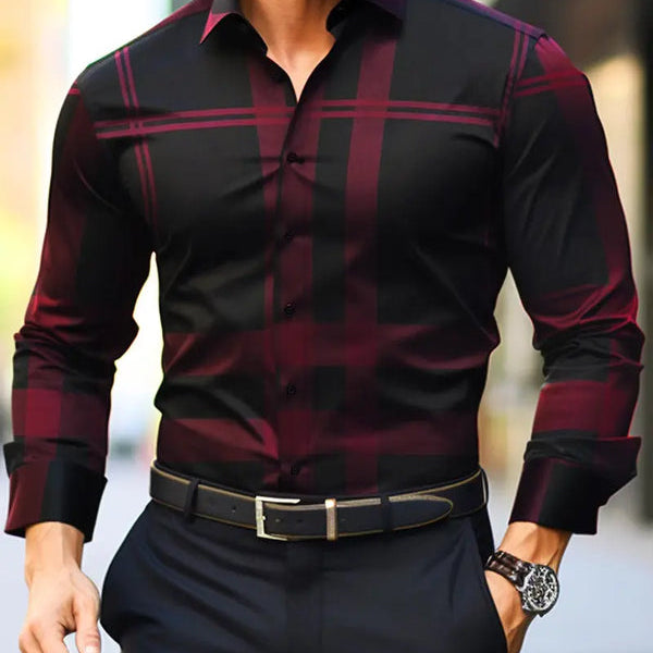 Men’s Casual Button Up Shirt Long Sleeve Checked Pattern Dress Top