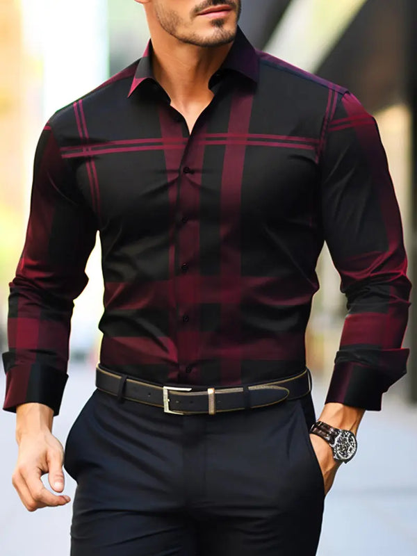 Men’s Casual Button Up Shirt Long Sleeve Checked Pattern Dress Top