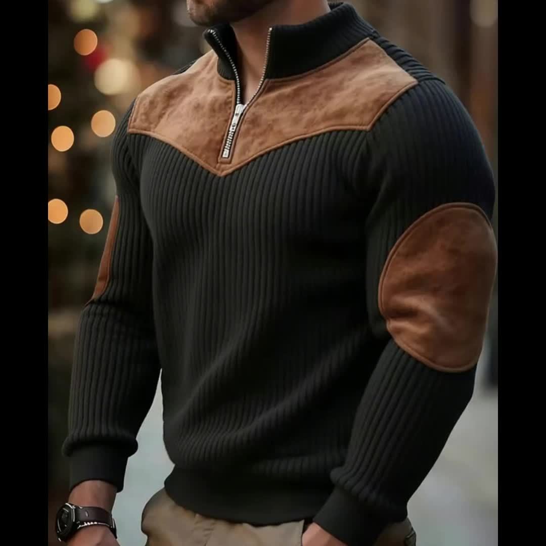 Half-Zip Retro Pullover Sweater for Men – Ribbed Patchwork Streetwear