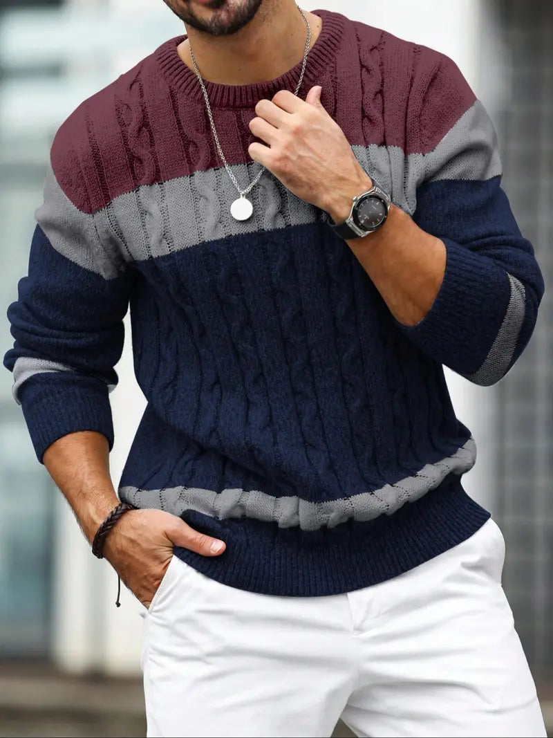 Men’s Casual Crew Neck Sweater Long Sleeve Striped Pullover