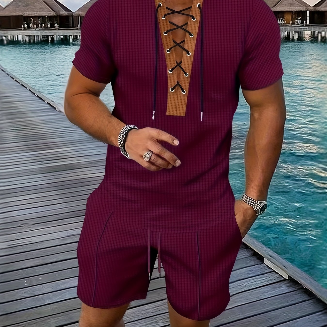 Men’s Lace Up V Neck Shirt and Shorts Set Casual Summer Outfit
