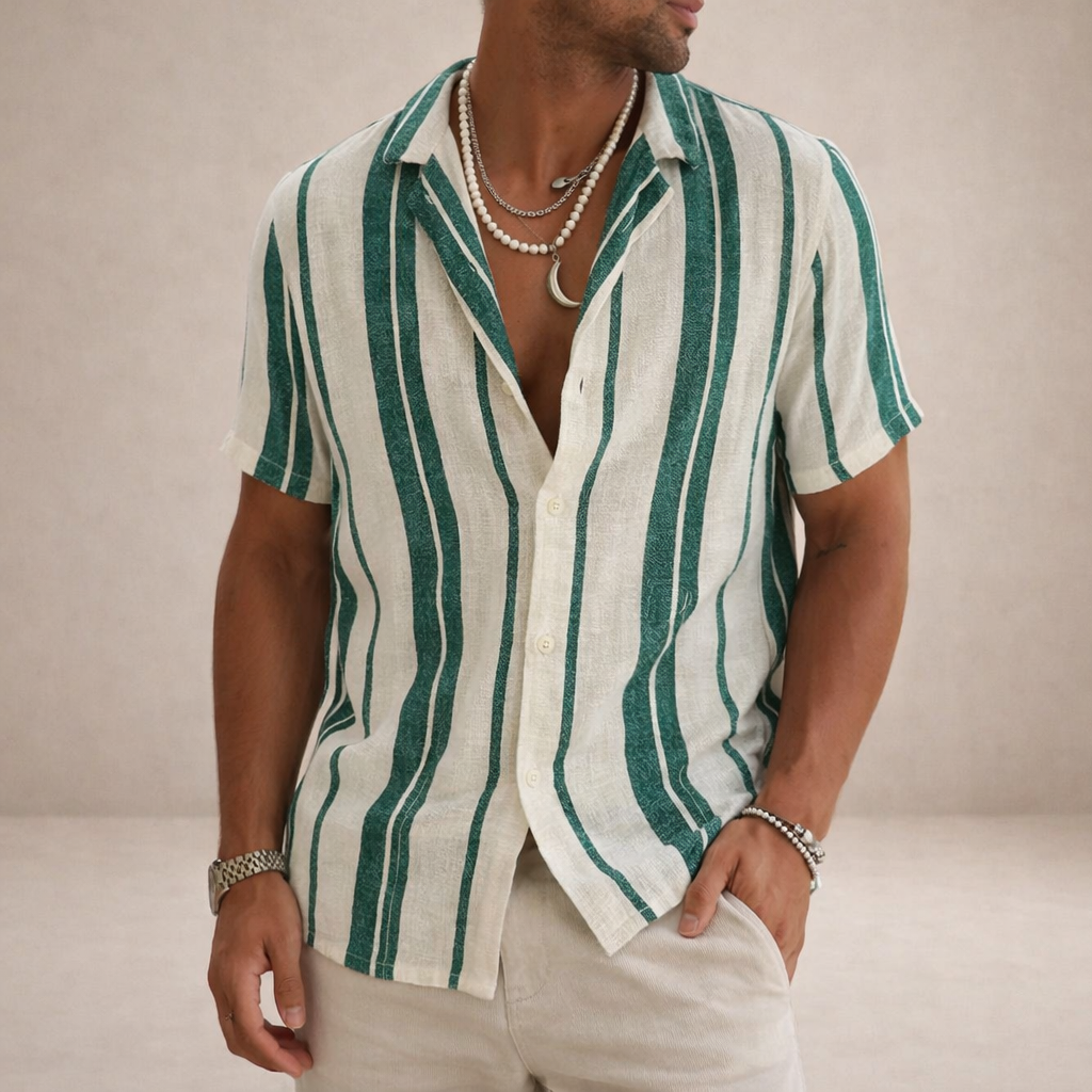 Men’s Striped Button Up Shirt Casual Short Sleeve Summer Beach Shirt