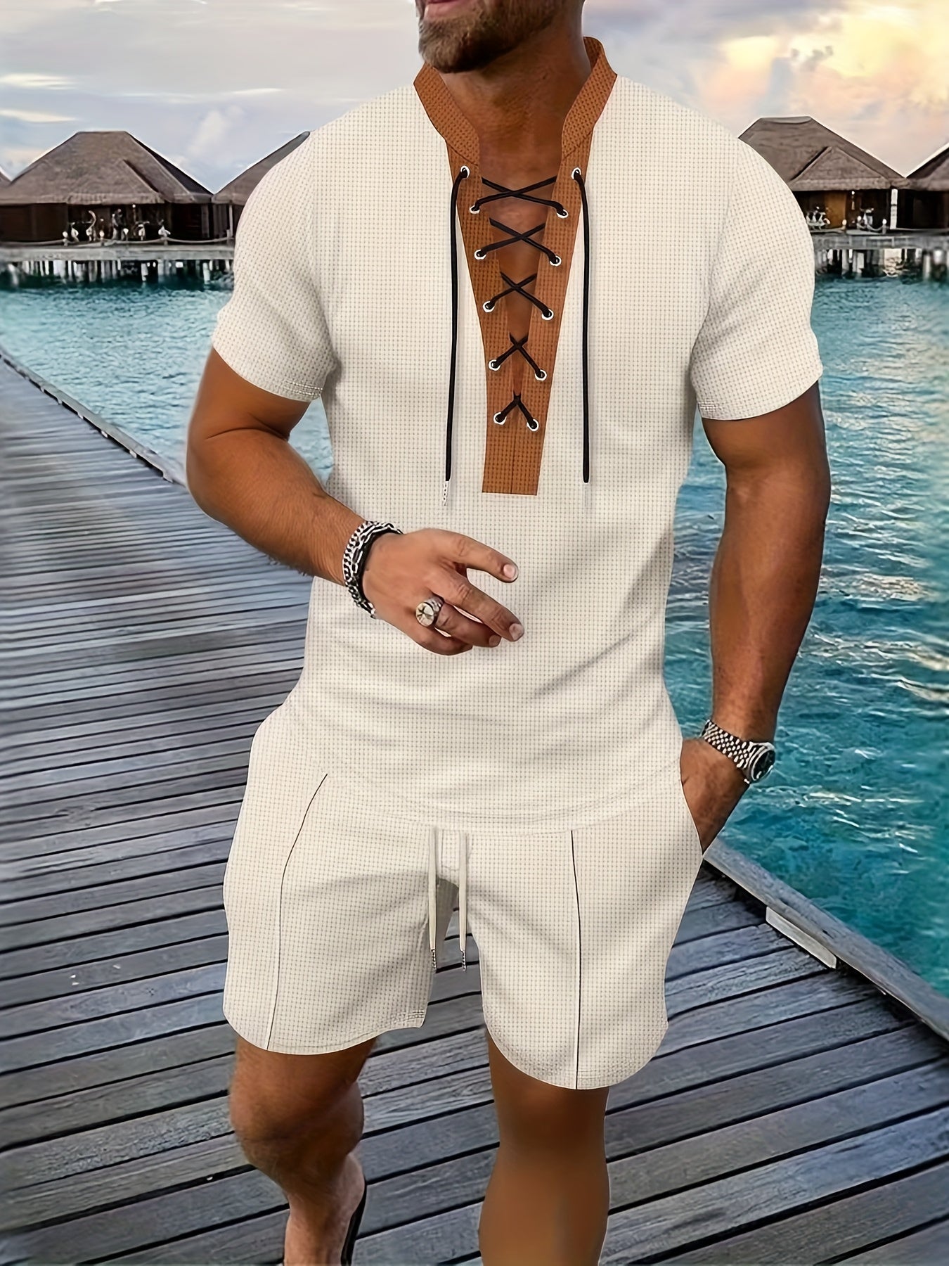 Men’s Lace Up V Neck Shirt and Shorts Set Casual Summer Outfit