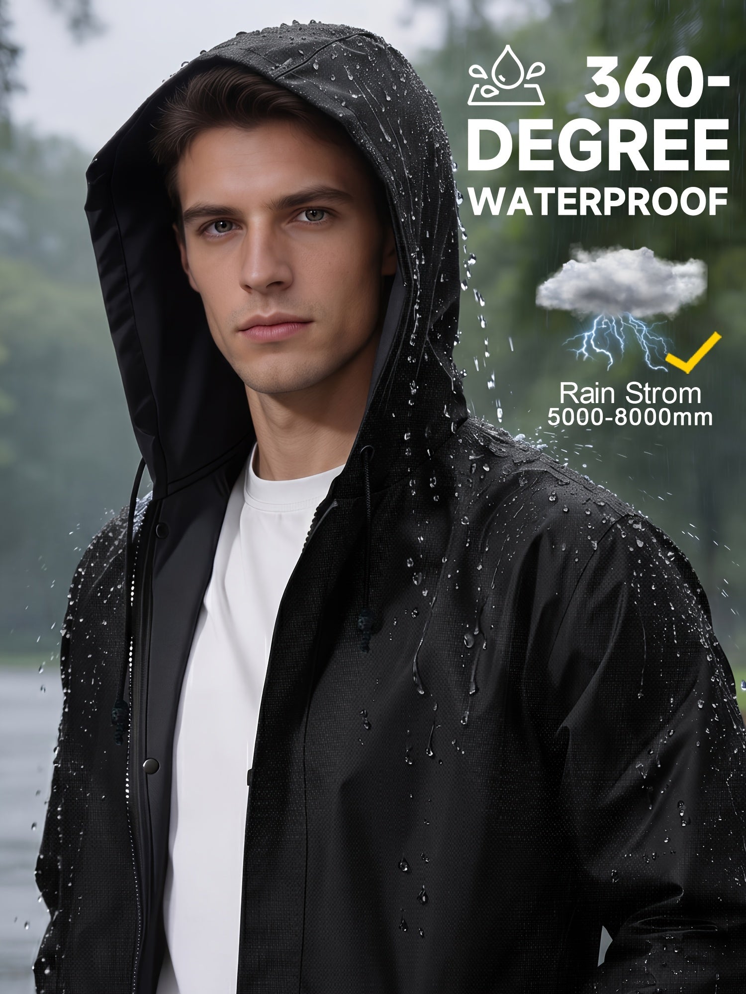 Men's Waterproof Mid-Length Hooded Coat Lightweight Packable