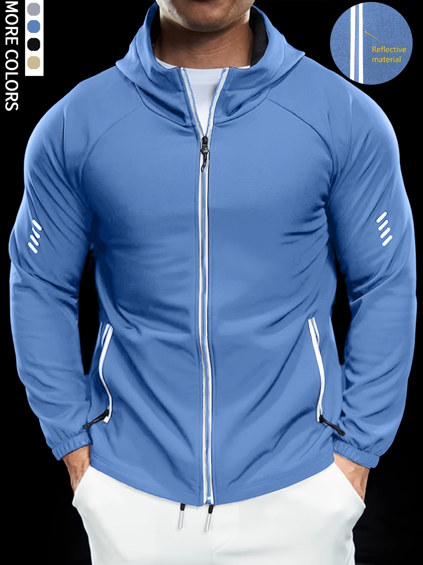 Men's Autumn Hooded Outdoor Jacket with Reflective Zip-Up Design