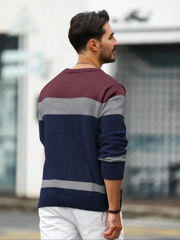Men’s Casual Crew Neck Sweater Long Sleeve Striped Pullover