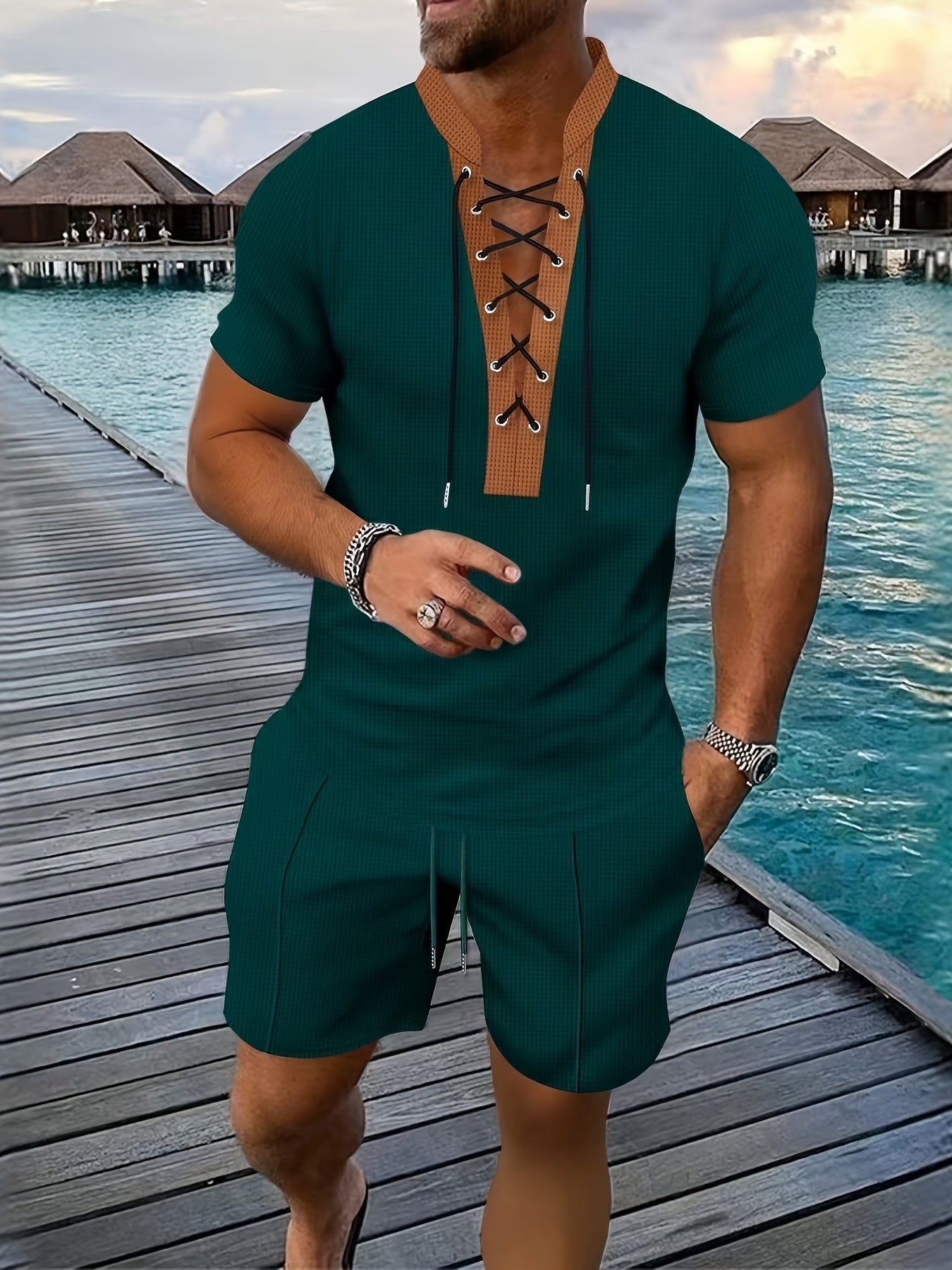 Men’s Lace Up V Neck Shirt and Shorts Set Casual Summer Outfit
