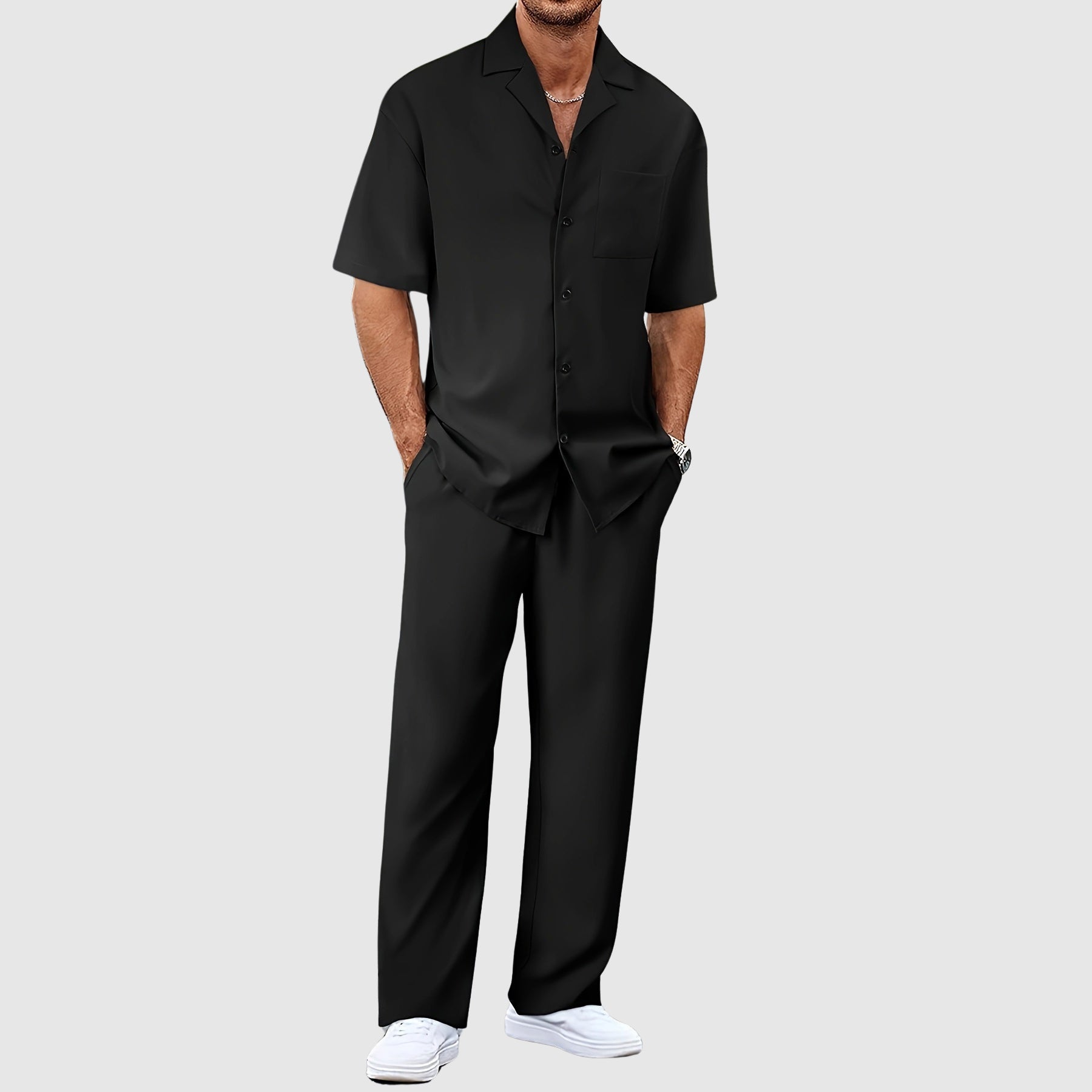 Men’s Two Piece Outfit Short Sleeve Button Up Shirt and Trousers Set