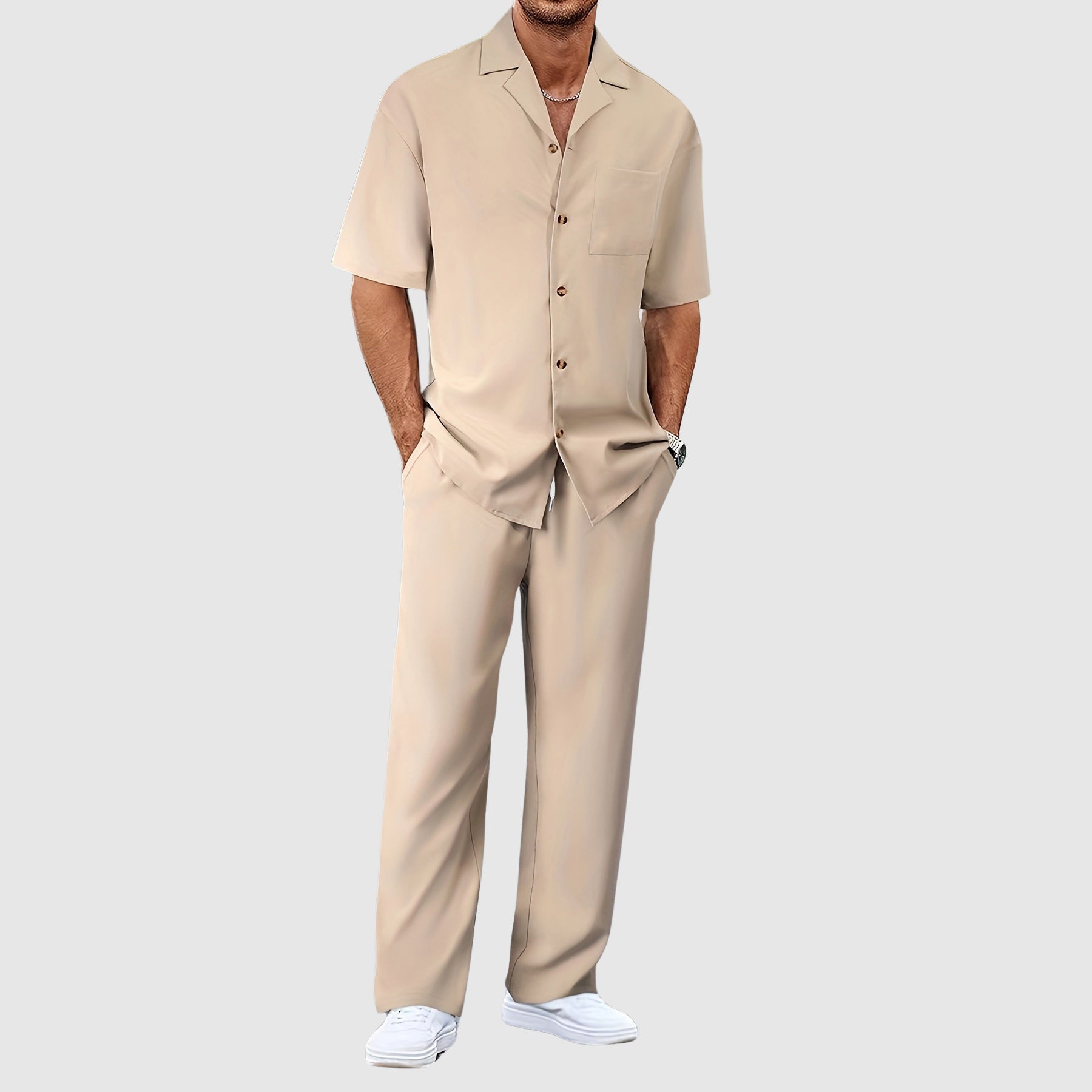 Men’s Two Piece Outfit Short Sleeve Button Up Shirt and Trousers Set