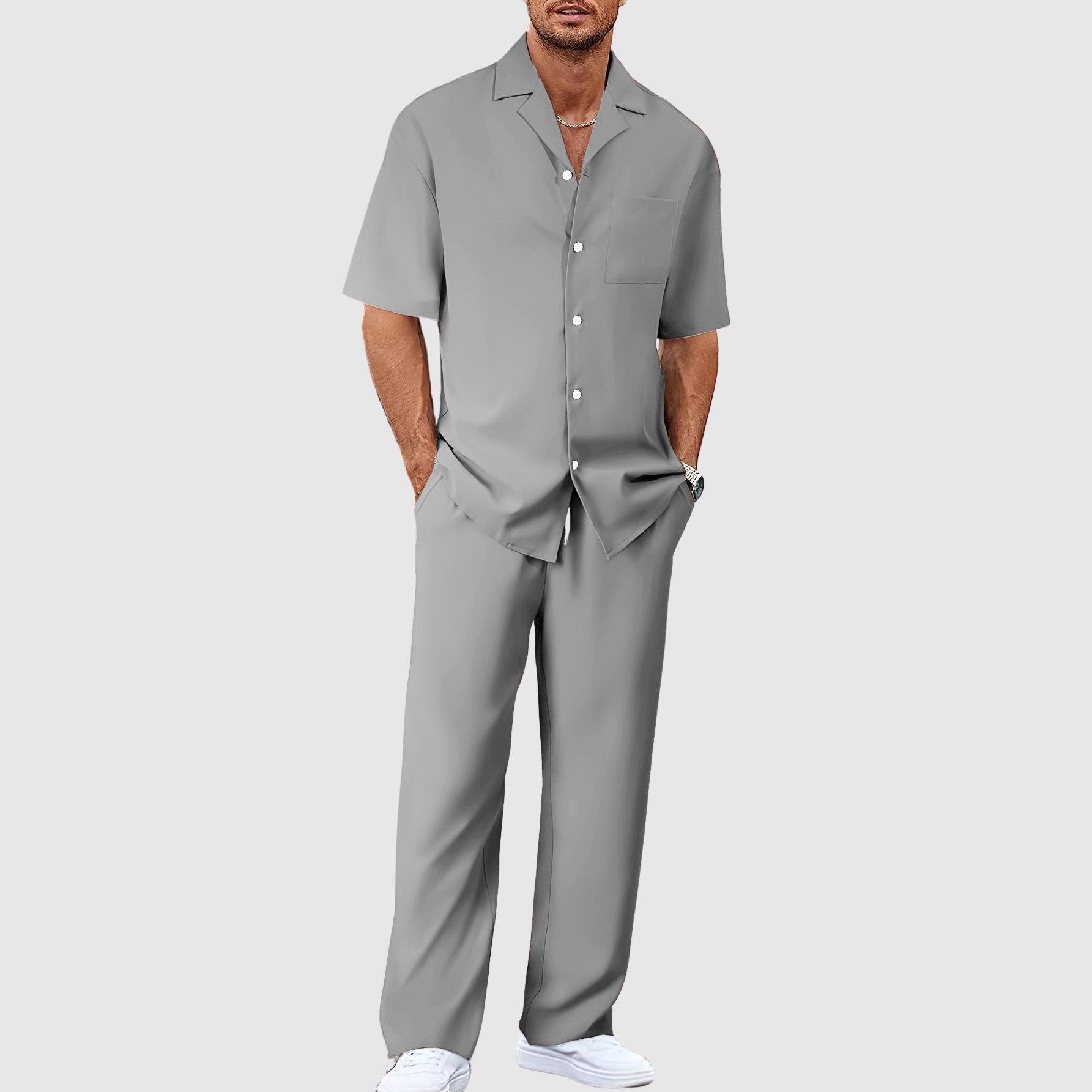 Men’s Two Piece Outfit Short Sleeve Button Up Shirt and Trousers Set