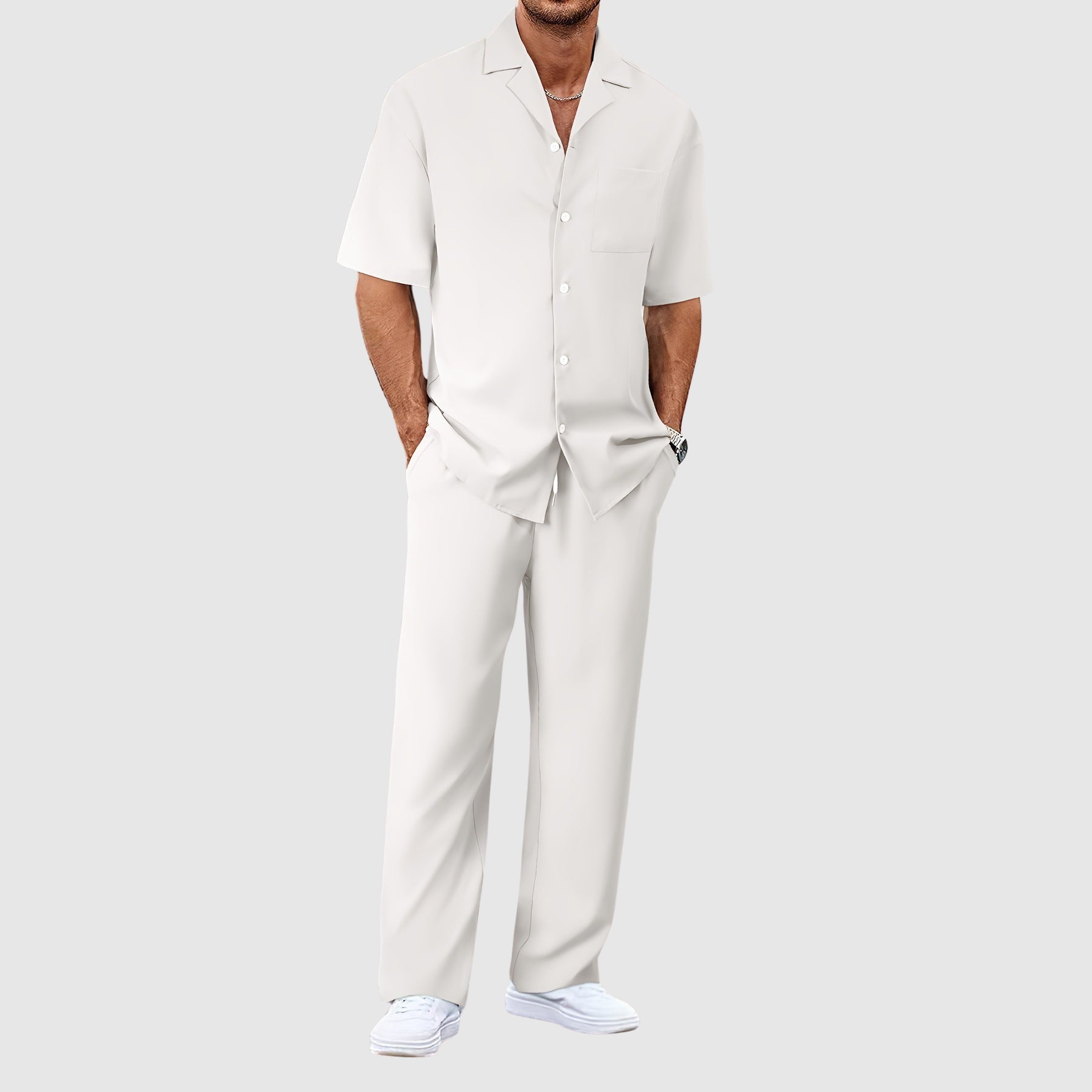 Men’s Two Piece Outfit Short Sleeve Button Up Shirt and Trousers Set
