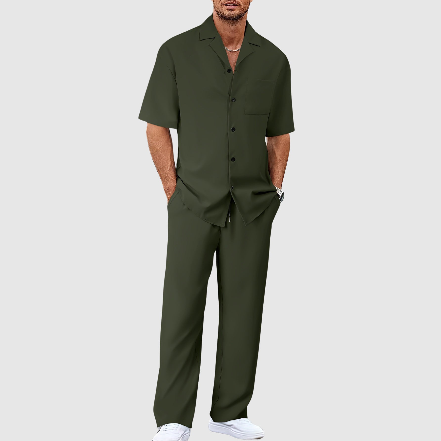 Men’s Two Piece Outfit Short Sleeve Button Up Shirt and Trousers Set