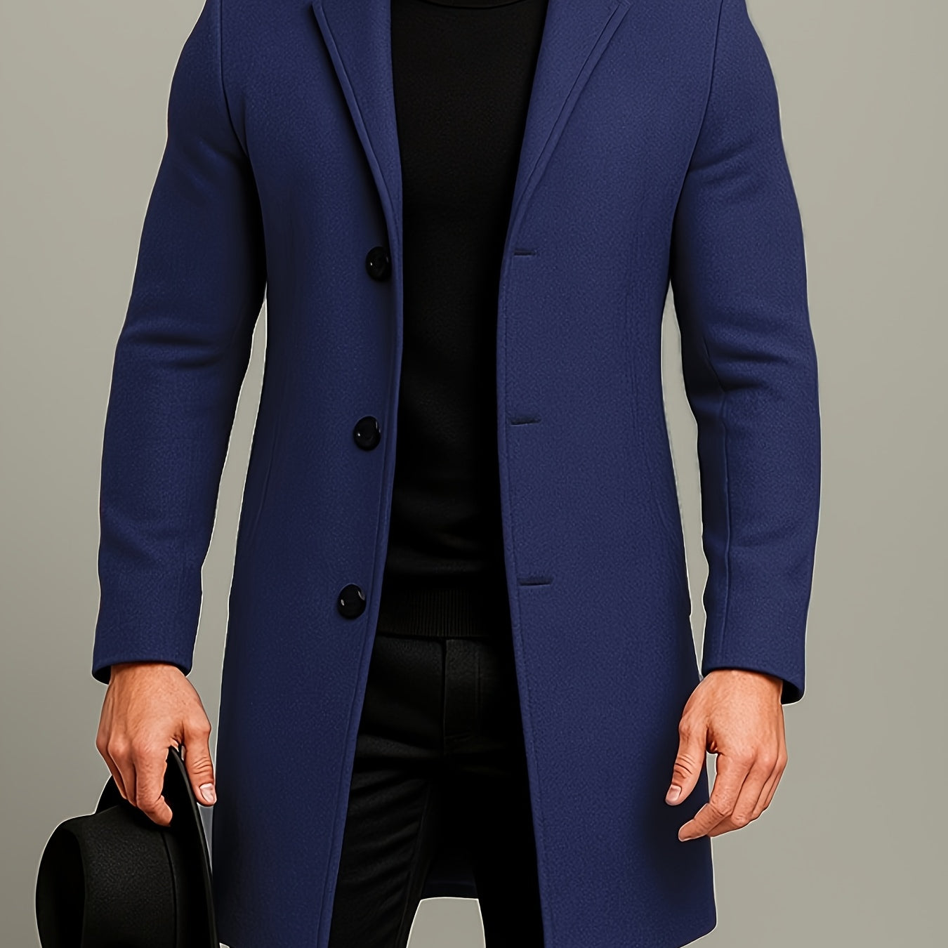 Men's Mid-Length Single-Breasted Tweed Overcoat Solid Color Trench Coat