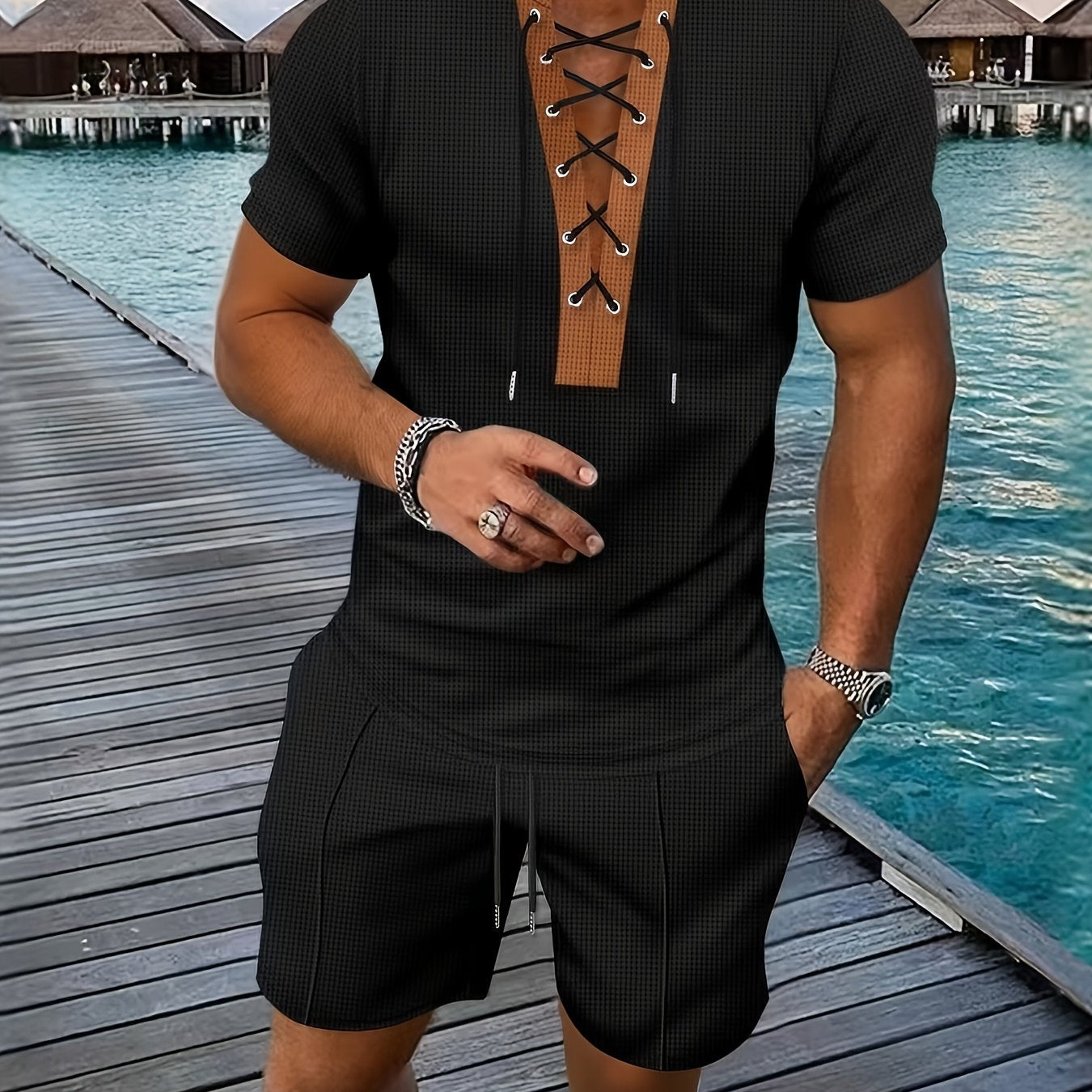 Men’s Lace Up V Neck Shirt and Shorts Set Casual Summer Outfit