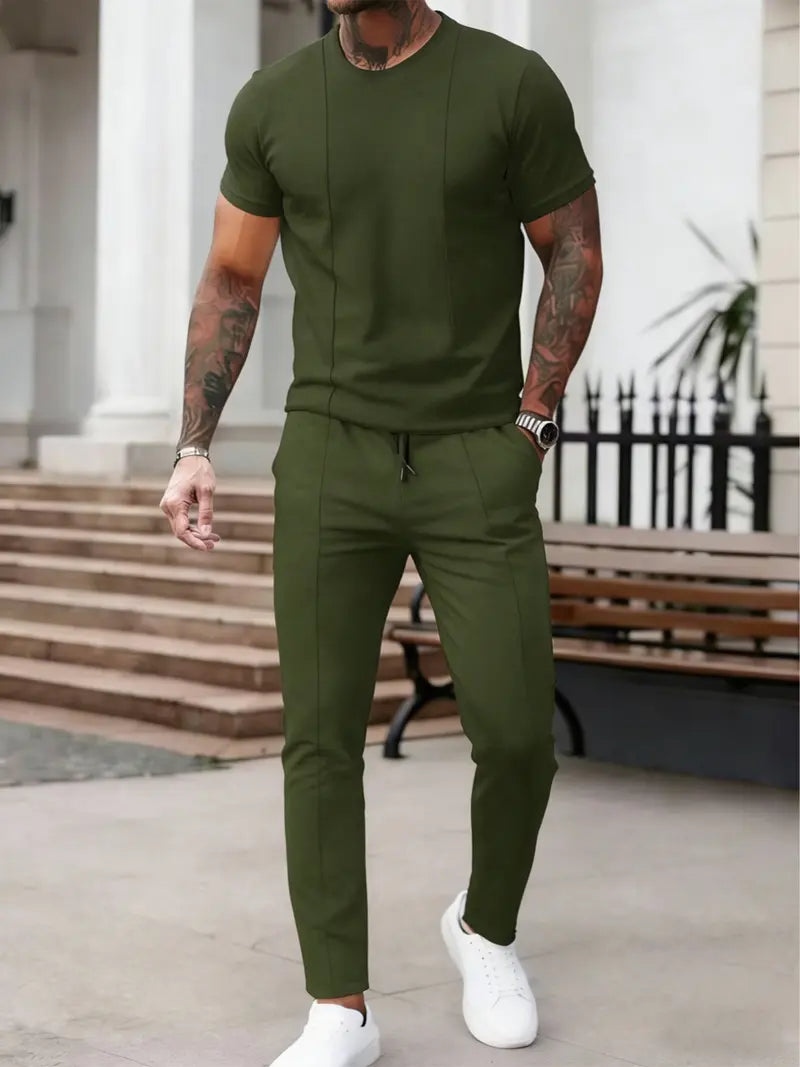 Men’s Casual Short Sleeve Shirt and Pants Set Slim Fit Everyday Outfit