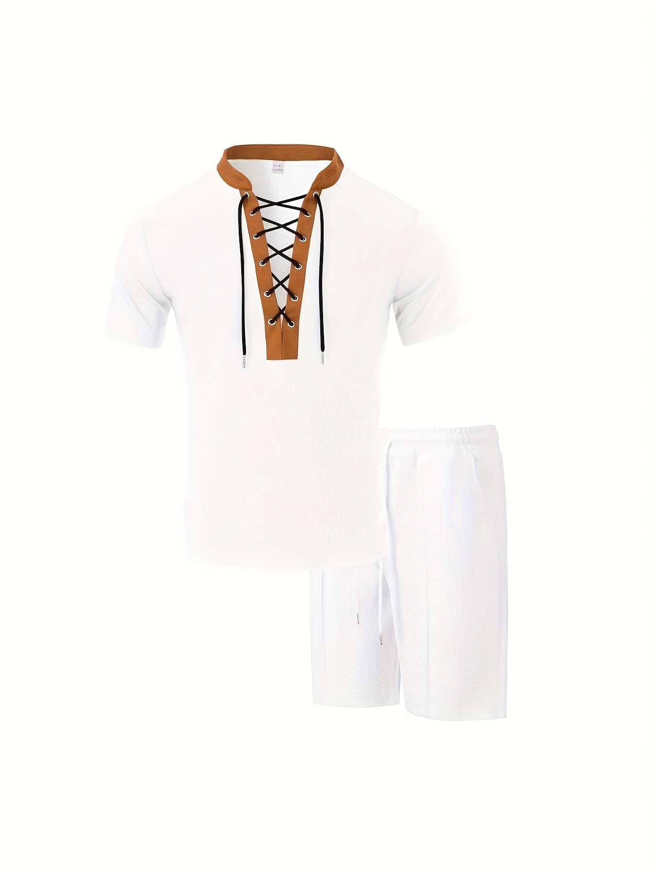 Men’s Lace Up V Neck Shirt and Shorts Set Casual Summer Outfit