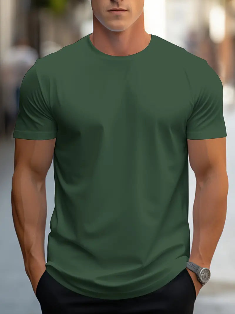 Men’s Solid Color T-Shirt – Crew Neck Streetwear Style in Polyester - Solorfit