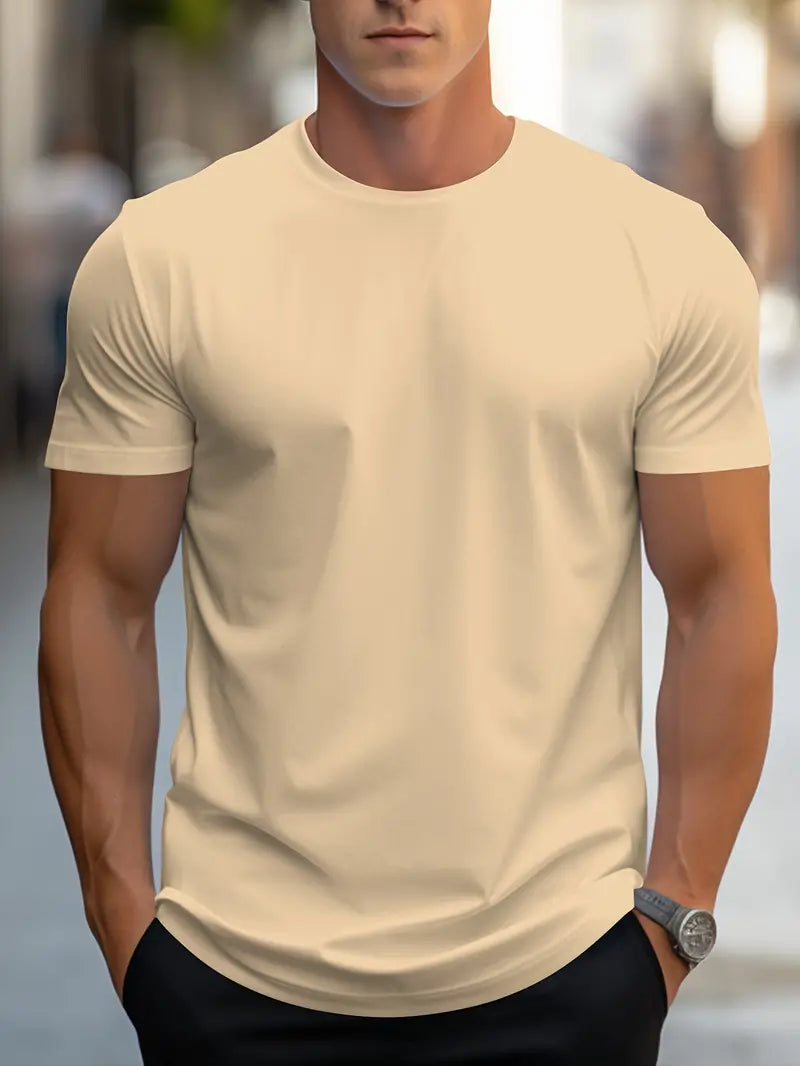 Men’s Solid Color T-Shirt – Crew Neck Streetwear Style in Polyester - Solorfit