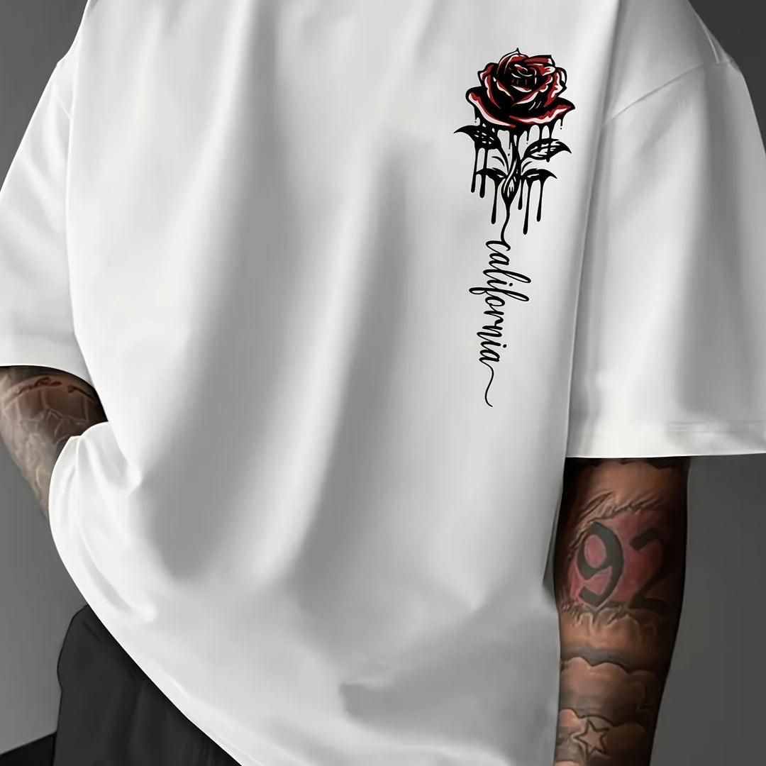Men’s T-Shirt | Rose Print & Loose Fit | Crew Neck | Summer Style - Solorfit