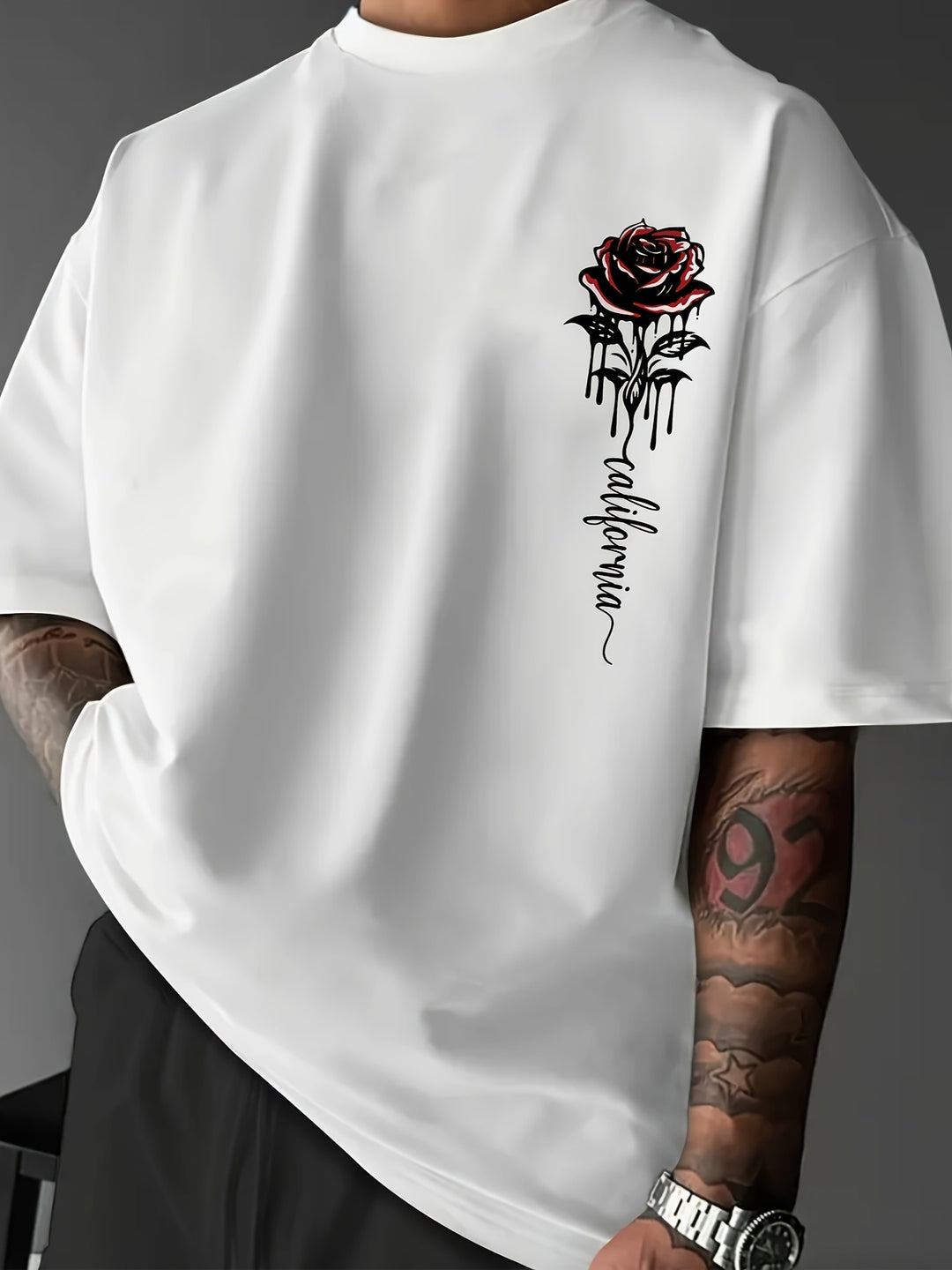 Men’s T-Shirt | Rose Print & Loose Fit | Crew Neck | Summer Style - Solorfit