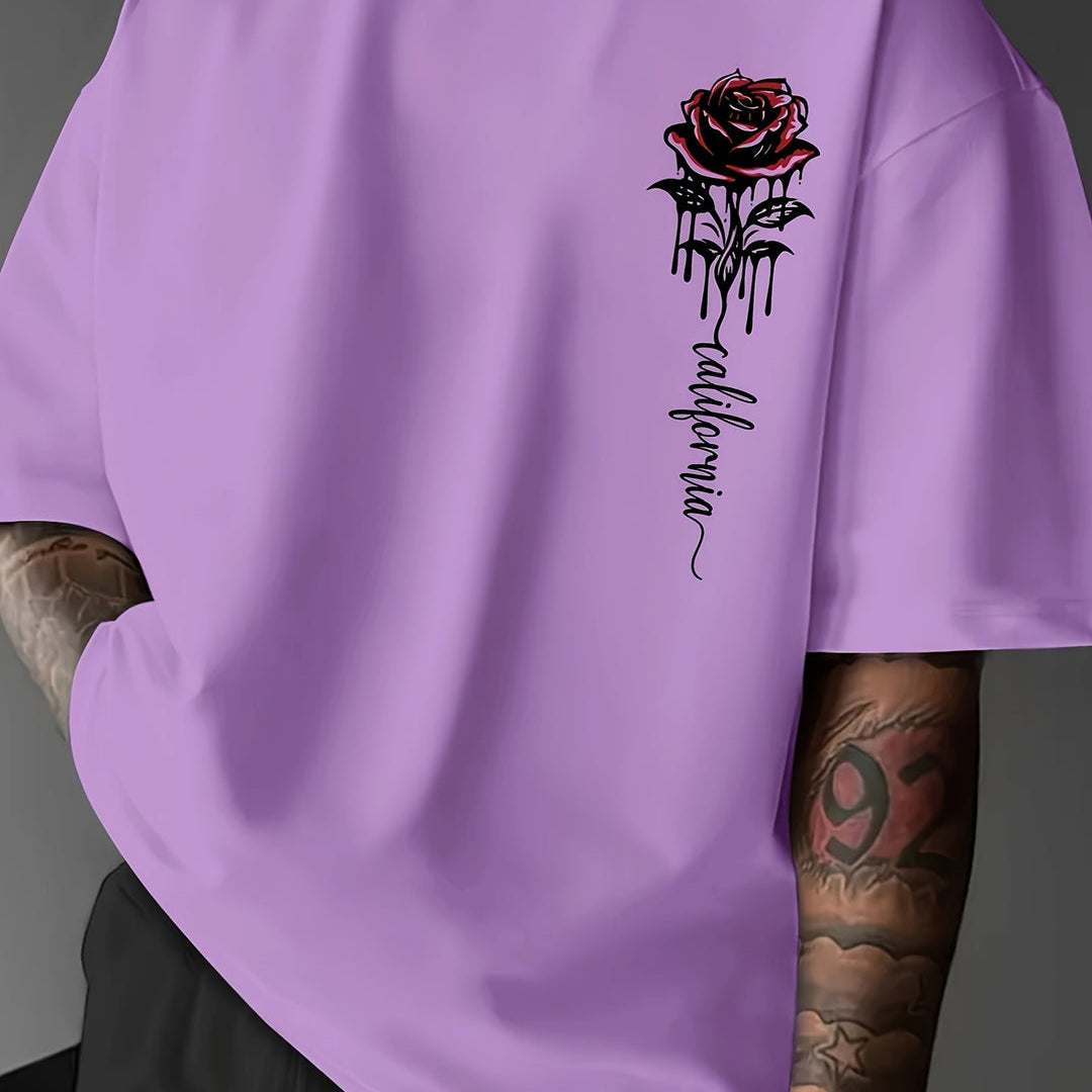 Men’s T-Shirt | Rose Print & Loose Fit | Crew Neck | Summer Style - Solorfit