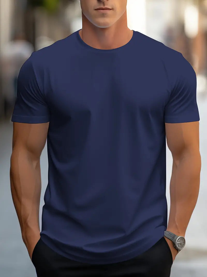 Men’s Solid Color T-Shirt – Crew Neck Streetwear Style in Polyester - Solorfit