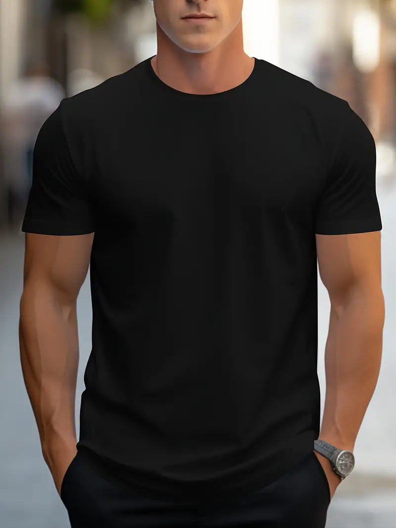 Men’s Solid Color T-Shirt – Crew Neck Streetwear Style in Polyester - Solorfit