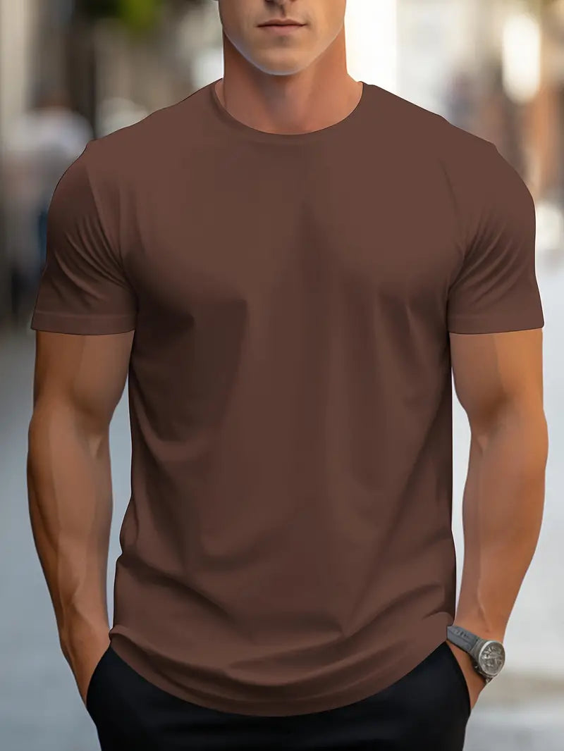 Men’s Solid Color T-Shirt – Crew Neck Streetwear Style in Polyester - Solorfit