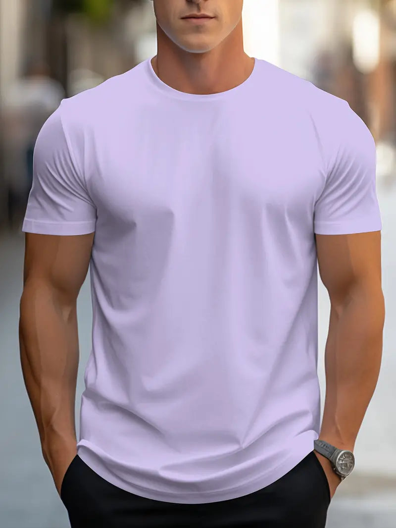 Men’s Solid Color T-Shirt – Crew Neck Streetwear Style in Polyester - Solorfit