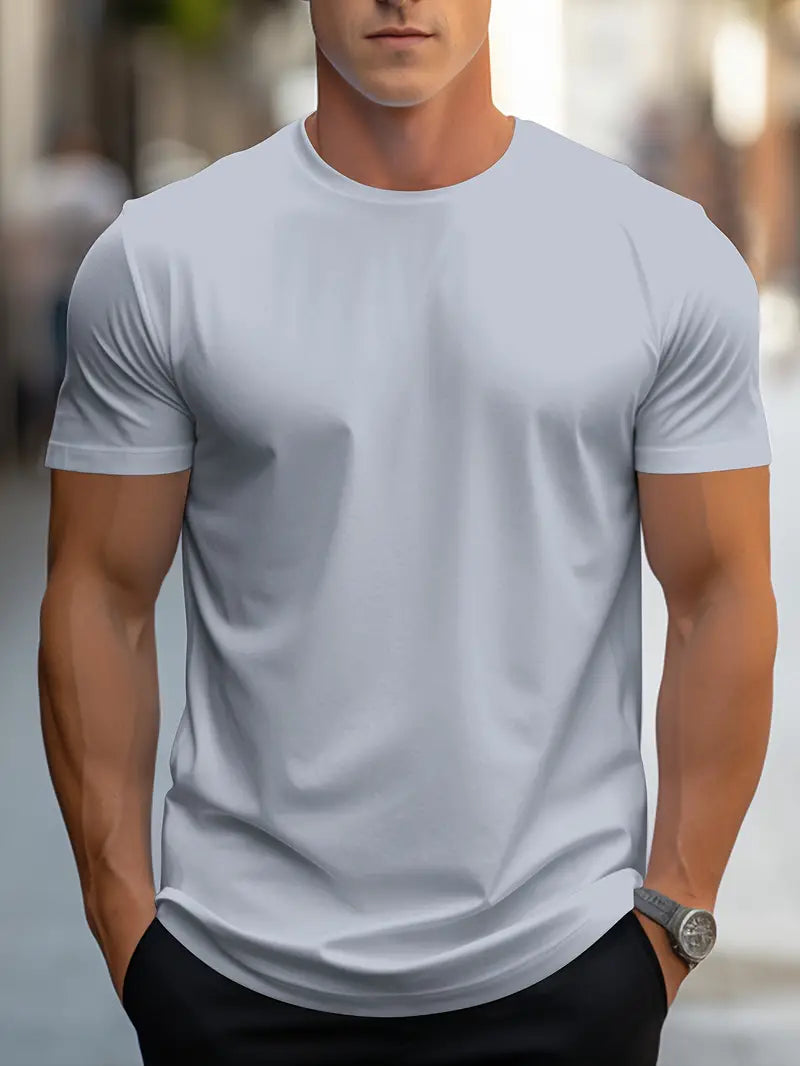 Men’s Solid Color T-Shirt – Crew Neck Streetwear Style in Polyester - Solorfit
