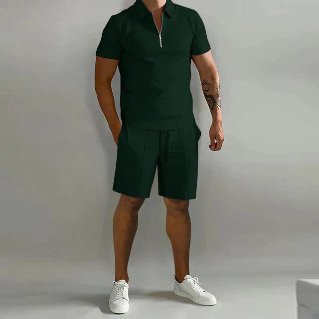 Men’s Polo Shirt and Shorts Set Zip Neck Casual Two Piece Outfit