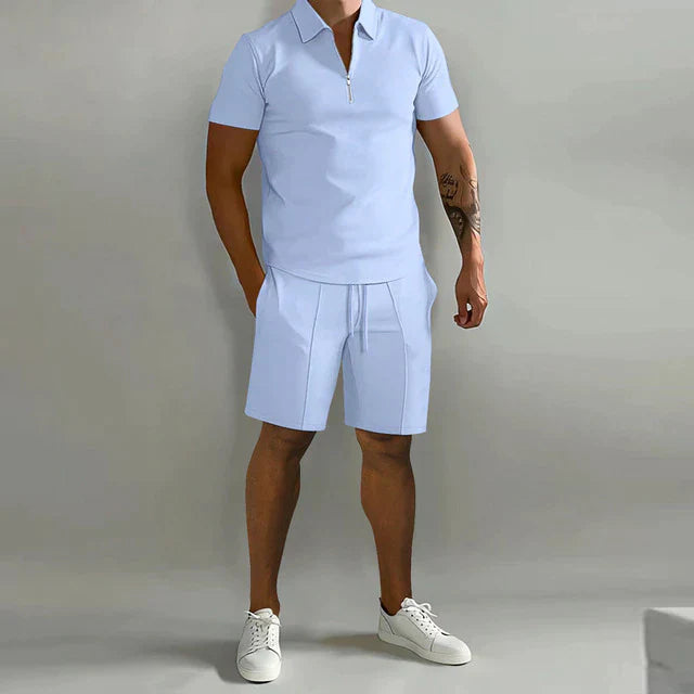 Men’s Polo Shirt and Shorts Set Zip Neck Casual Two Piece Outfit
