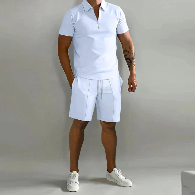 Men’s Polo Shirt and Shorts Set Zip Neck Casual Two Piece Outfit