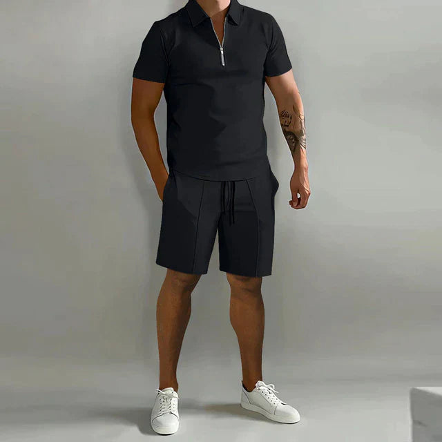 Men’s Polo Shirt and Shorts Set Zip Neck Casual Two Piece Outfit