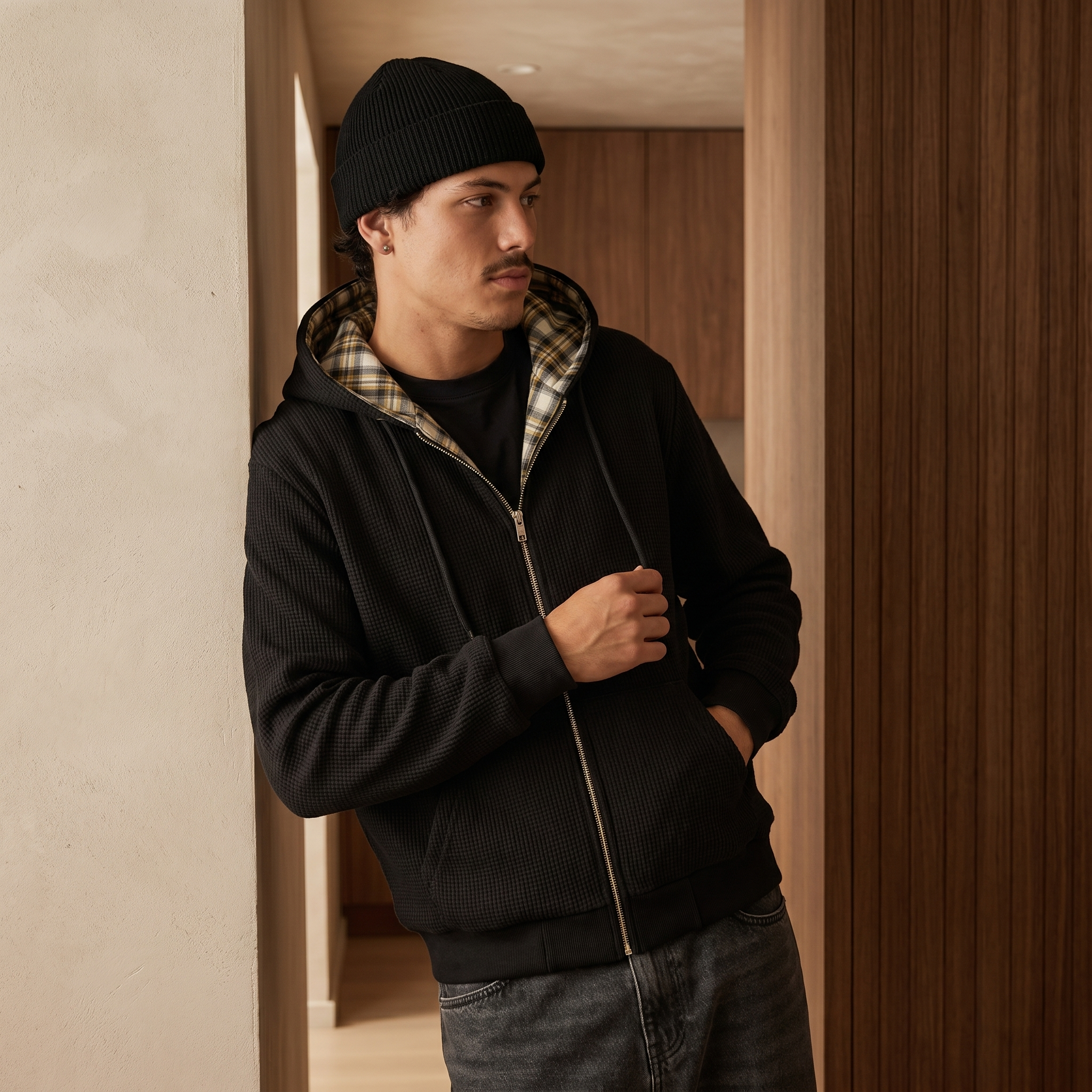 Men's Checkered Patchwork Zip Hoodie | Winter Casual Sweatshirt