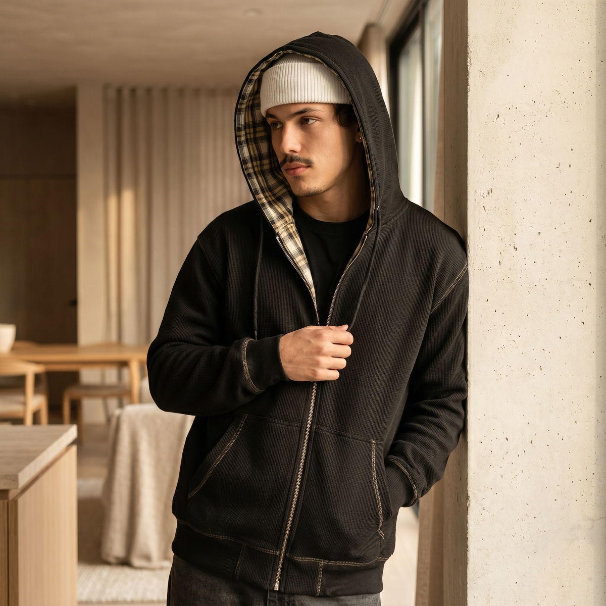 Men's Checkered Patchwork Zip Hoodie | Winter Casual Sweatshirt