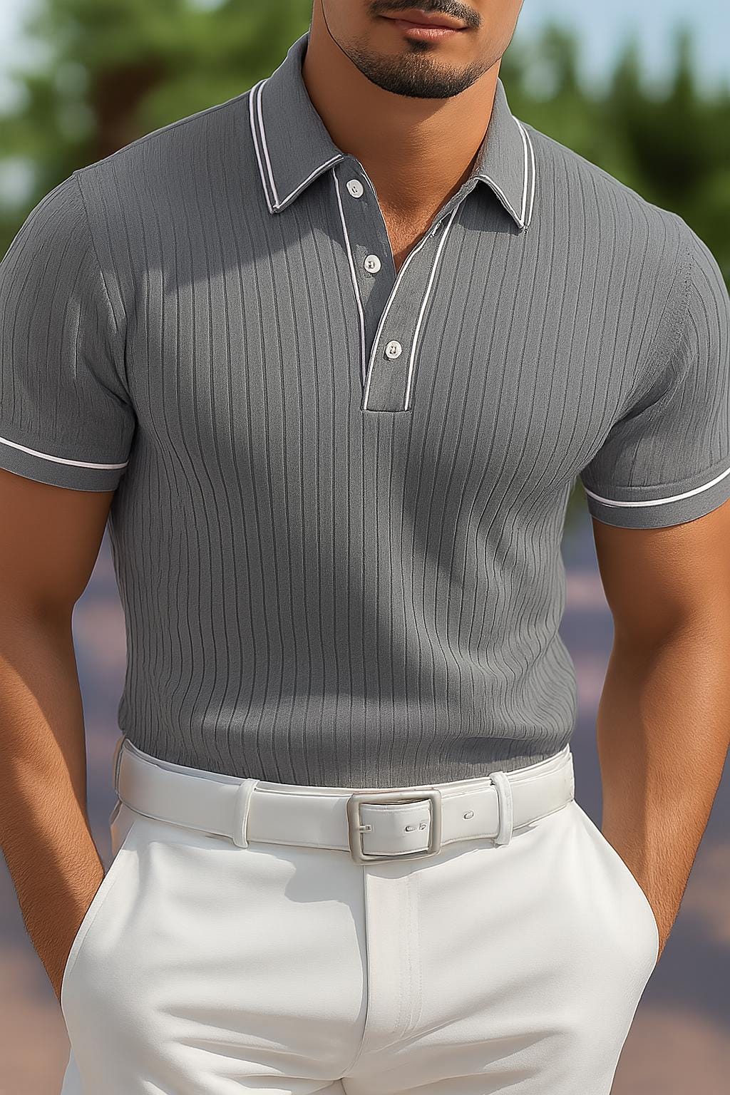 Men’s Ribbed Polo Shirt | Elegant Slim Fit Knitwear | Classic Short Sleeve Designer Style