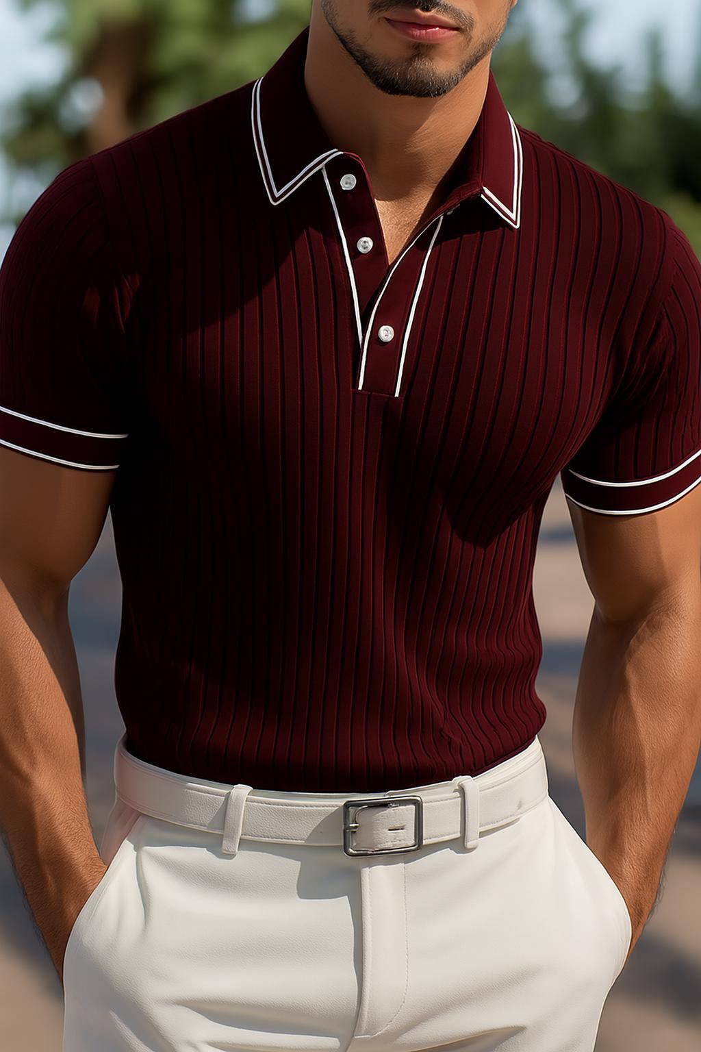 Men’s Ribbed Polo Shirt | Elegant Slim Fit Knitwear | Classic Short Sleeve Designer Style