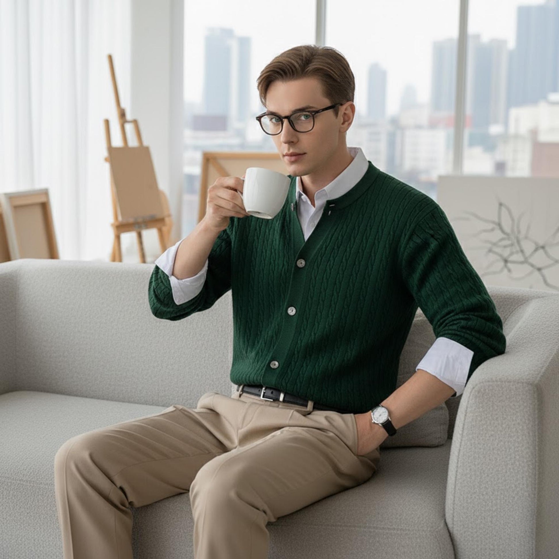 Men’s Cable Knit Cardigan Sweater – Korean Style Button-Up Knitwear