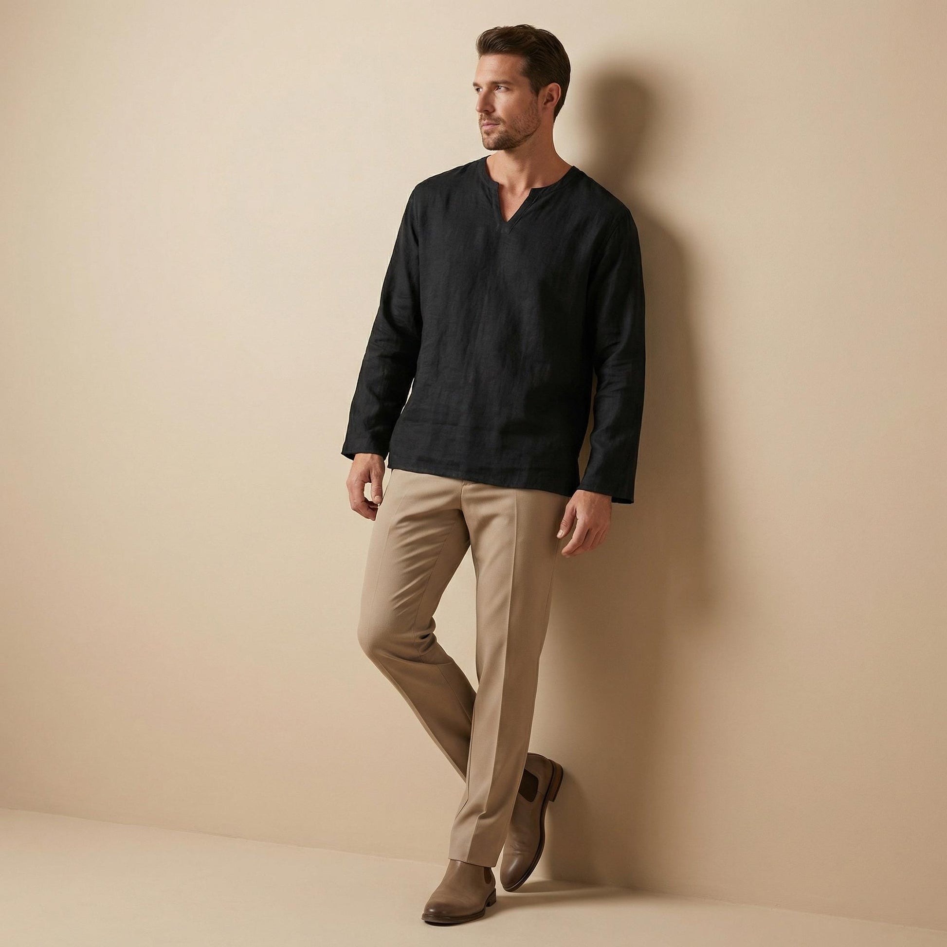 Mens Cotton Linen V-Neck Shirt | Lightweight Pullover Top