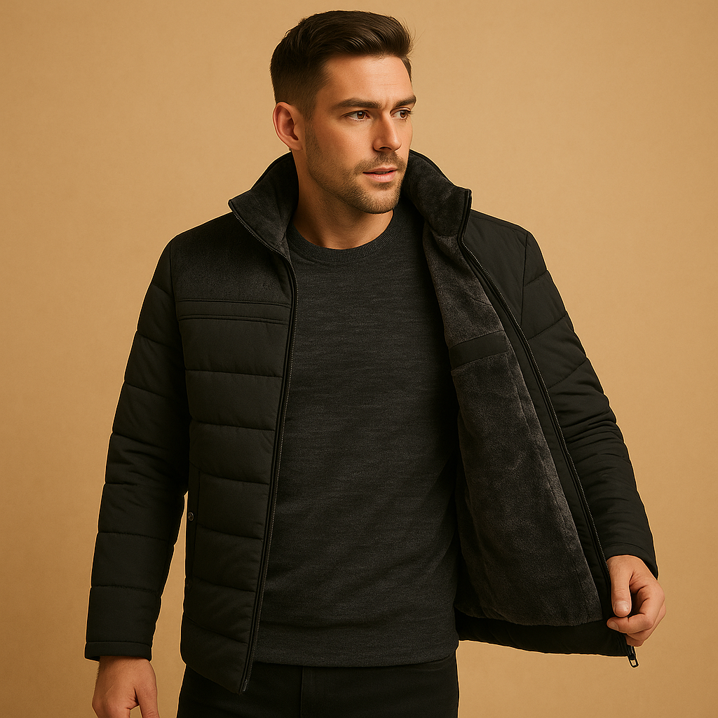 Men’s Quilted Jacket  Stand Collar Zip Up Casual Jacket