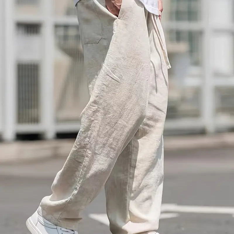 Men’s Linen Pants with Elastic Drawstring Waist and Wide-Leg Fit